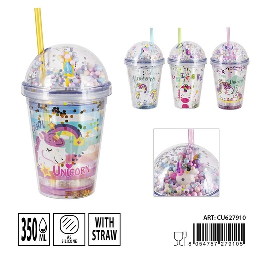 [0236844] Vaso con pajita Unicornio 12x10x6.5cm 350ml para bebidas frías