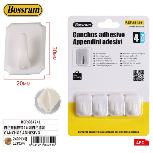 [684241] Ganchos adhesivos plásticos blancos 4pcs para colgar