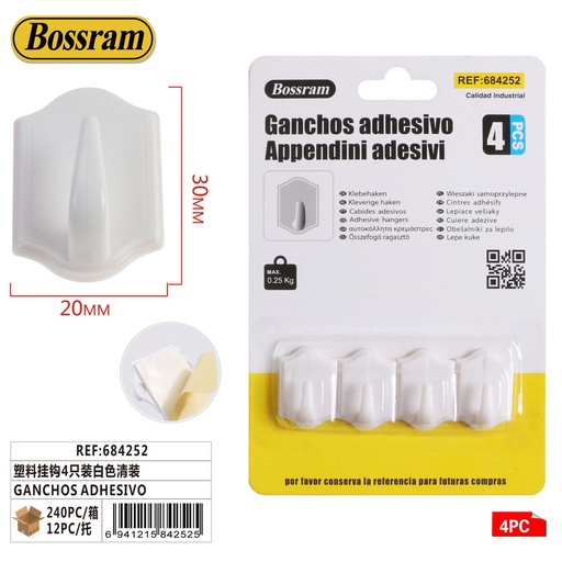 [684252] Ganchos adhesivos plásticos blancos 4pcs para organización