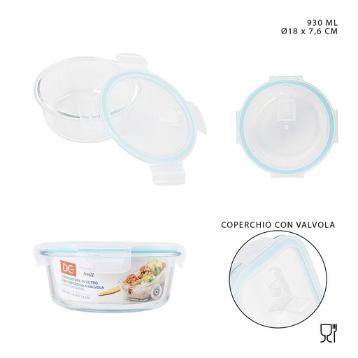 [0223379] Taper de vidrio resistente a alta temperatura con ventilación 930ml Ø180x76mm para almacenamiento