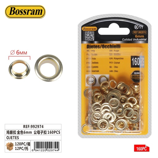 [992974] Ojetes de metal dorado 6mm 160pcs para artesanías