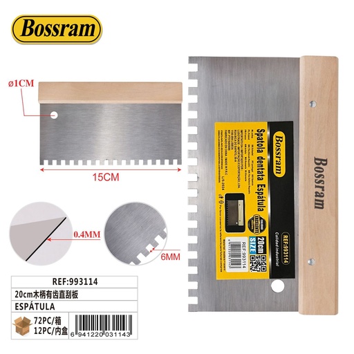 [993114] Espátula de madera 20cm con dientes para alisado de superficies