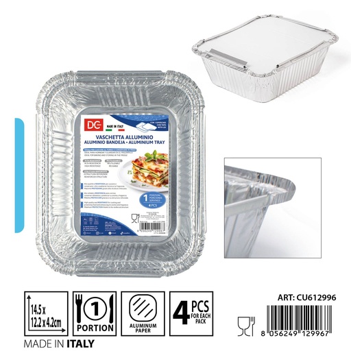 [0237630] Bandejas de aluminio con tapa 1 porción 4pz desechables para catering