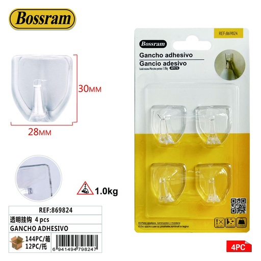 [869824] Gancho adhesivo transparente 4pcs para colgar objetos sin dañar paredes