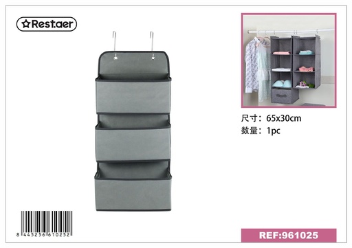 [961025] Organizador colgante de tela 3 bolsillos 65x30cm gris - Organización del hogar