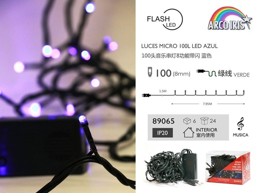 [89065] Luces LED micro 100L azul c/música interior 230V - Luces navideñas