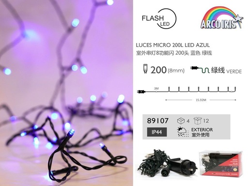 [89107] Luz micro LED azul exterior 200L - Guirnalda de luces navideñas con cable verde