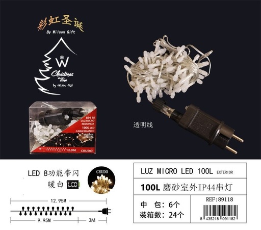 [89118] Luces LED de cadena blanco cálido bombilla redonda 100 LED - Luces exteriores impermeables IP44