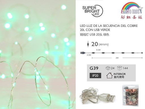 [G39] Luces LED de cobre USB verdes 20L 2M - Decoración navideña