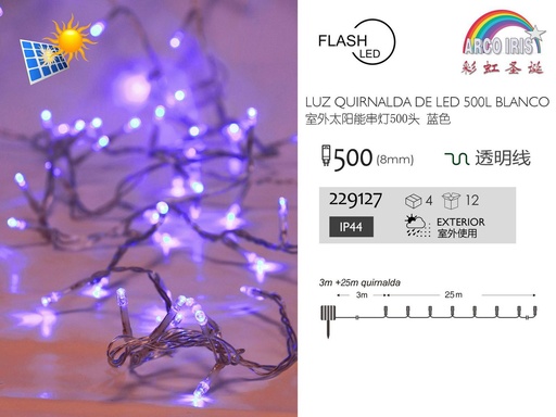 [229127] Guirnalda solar LED transparente azul 500 luces