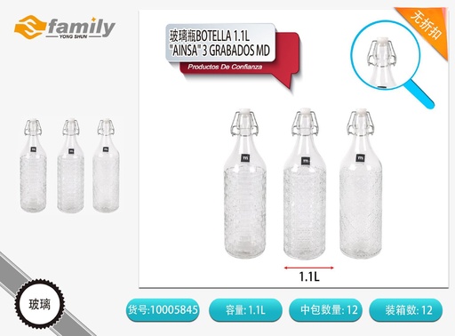 [A003401] Botella de vidrio 1.1L - Envases y botellas de cristal