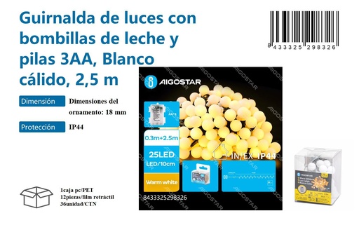 [171029832] Guirnalda de luces con bombillas de leche y pilas 3AA blanco cálido 2,5M - Decoración luminosa