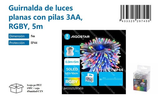 [171029745] Guirnalda de luces planas con pilas 3AA RGB de 5m - Decoraciones navideñas