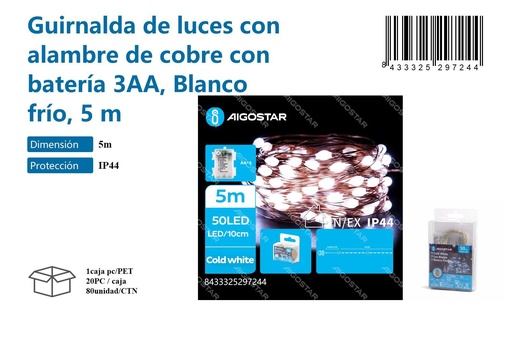 [171029724] Guirnalda de luces con alambre de cobre con batería 3AA blanco frío 5M - Luces decorativas de Navidad