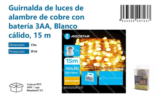 [171029723] Guirnalda de luces de alambre de cobre con batería 3AA blanco cálido 15M - Luces decorativas de Navidad