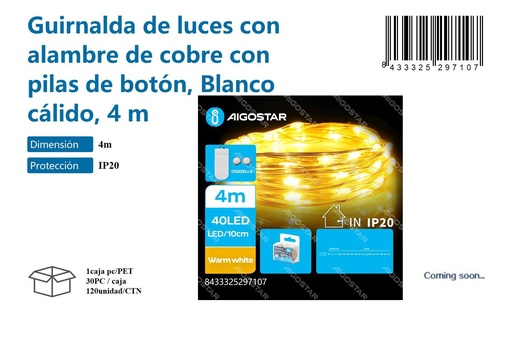 [171029710] Guirnalda de luces con alambre de cobre con pilas de botón blanco cálido 4M - Decoración navideña