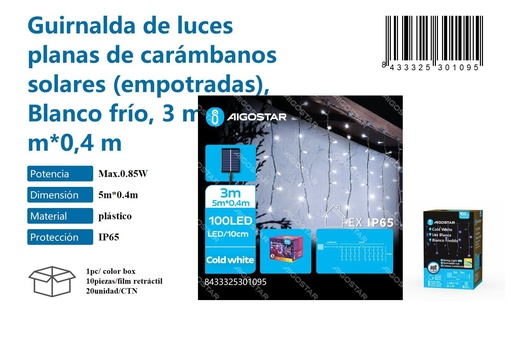 [171030109] Guirnalda de luces planas de carámbanos solares blanco frío 3M+5M*0,4M - Iluminación decorativa