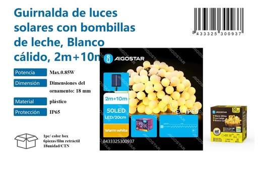 [171030093] Guirnalda de luces solares con bombillas de leche blanco cálido 2M+10M - Iluminación decorativa