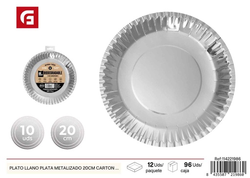 [114221986] Plato llano de cartón plateado metalizado 20 cm pack de 10 - Platos desechables navideños y decoración de mesa