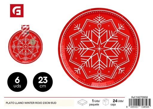 [114272856] Plato llano navideño 23 cm rojo 6 uds - Decoración de mesa para Navidad