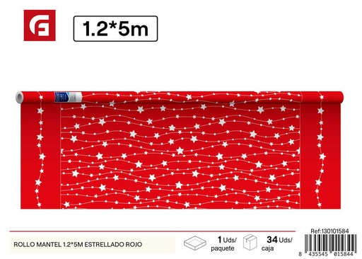 [130101584] Mantel de papel en rollo 1.2x5 m con estrellas rojas - Decoración de mesa para Navidad