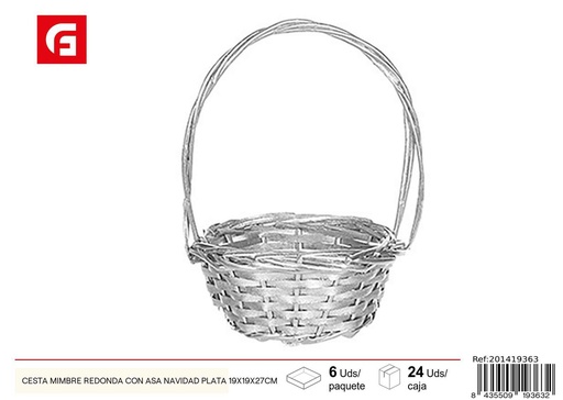 [201419363] Cesta de mimbre redonda con asa plata 19x19x27cm - Decoración navideña