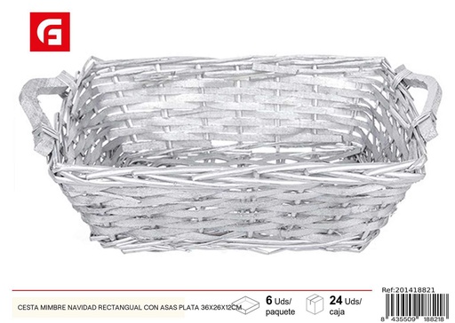 [201418821] Cesta de mimbre rectangular con asas plata 36x26x12 cm - Decoración navideña