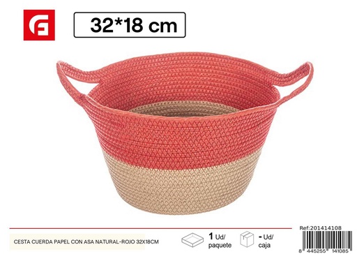 [201414108] Cesta de cuerda con asa natural-rojo 32x18 cm - Decoraciones navideñas