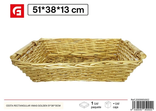 [200995002]  Cesta rectangular navideña Golden 51x38x13cm - Cestas de mimbre y adornos navideños