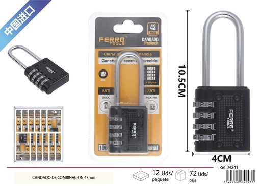 [04241] Candado de combinación de zinc 43mm - Accesorios de ferretería