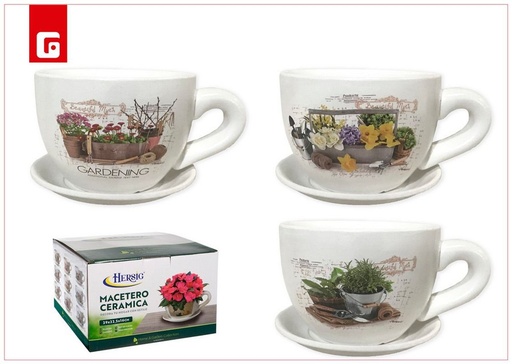 [190366056] Maceta taza con detalle de plantas - Maceta decorativa de cerámica