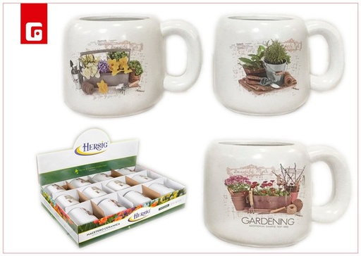 [190366038] Maceta taza con detalle de plantas - Maceta decorativa de cerámica para el hogar