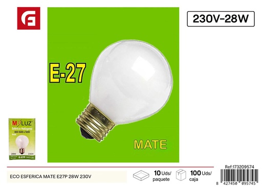 [173209574] Bombilla esférica ecológica mate E27P 28W 230V - Iluminación y ahorro energético