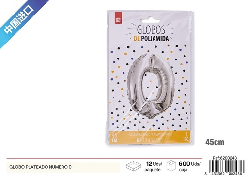 [6200243] Globo plateado número 0 - Globo de aluminio con números decorativos