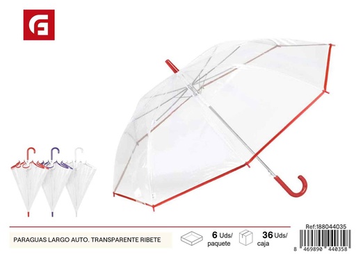 [188044035] Paraguas largo automático transparente con ribete - Artículos de lluvia