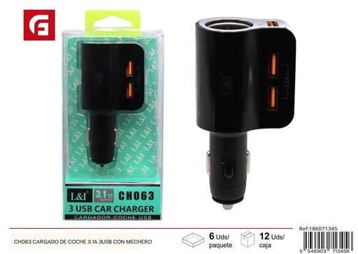 [186071345] Cargador de coche 3.1A 3USB con mechero - Descatalogado