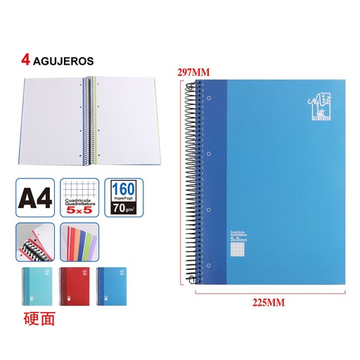 [998598] Caderno tapa dura A4 160 páginas grilla 5x5 - Útiles escolares