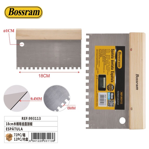 [993113] Espátula de 18cm con dientes con mango de madera derecha - Herramientas de enlucido