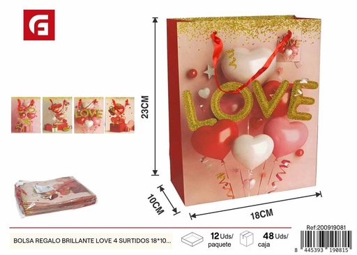 [200919081] Bolsa regalo brillante LOVE 18x10x23cm - Decoración para San Valentín