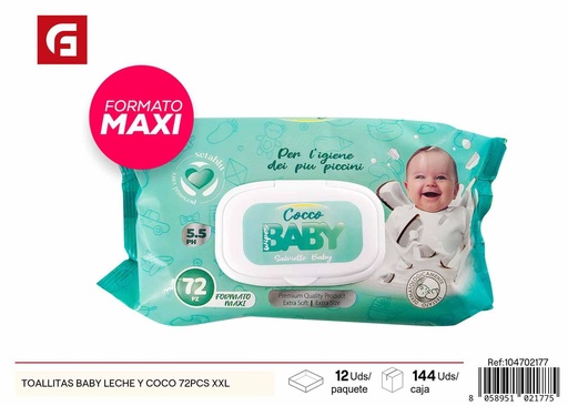 [104702177] Toallitas bebé leche y coco 72pcs XXL - Cuidado personal