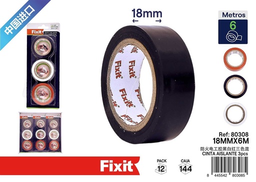 [80308] Cinta aislante 18mm*6m 3 pcs mezcla de colores - Materiales eléctricos