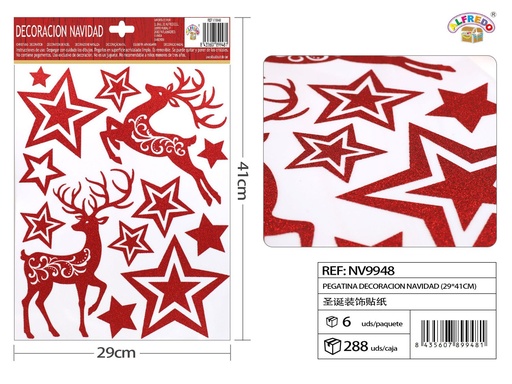 [NV9948] Decoración electrostática Navidad "Ciervo Reno con Estrellas" color rojo 29x41 cm - Adhesivos decorativos
