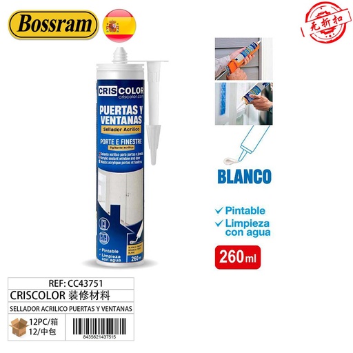 [CC43751] Sellador acrílico para puertas y ventanas blanco 260 ml - Materiales de construcción