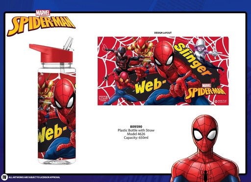 [DF809590] Botella de plástico con pajita Spiderman 650 ml - Botella coleccionable