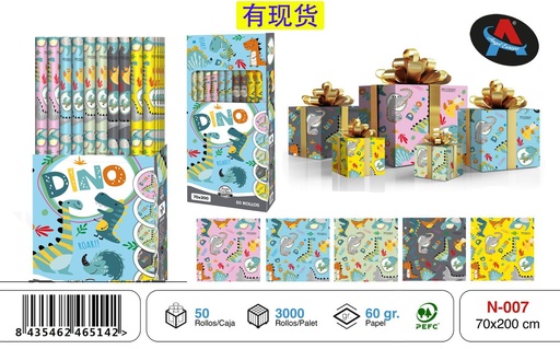 [N-007] Rollo de papel de regalo Dinasaurios 70 x 200 cm 50P - Suministros para fiestas