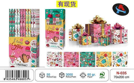 [N-035] Rollo de papel de regalo Coffee 70 x 200 cm 50 - Suministros para fiestas