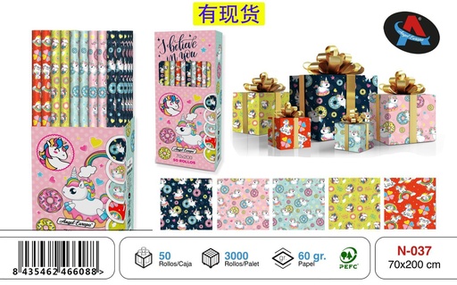 [N-037] Rollo de papel de regalo Unicornio 70 x 200 cm 50P - Suministros para fiestas