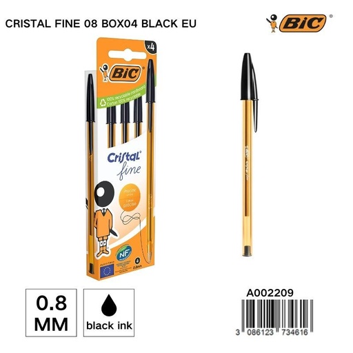 [A002209] Bolígrafo BIC cristal fine 0.8 mm caja de 4 unidades negro - Papelería y útiles de escritura