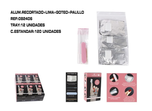 [082406] Kit 30 papel de aluminio recortado + lima + goteo + palillo 12/U - Accesorios para uñas