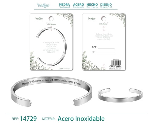 [14729] Brazalete de acero con mensaje en español - Bisutería para regalos y frases